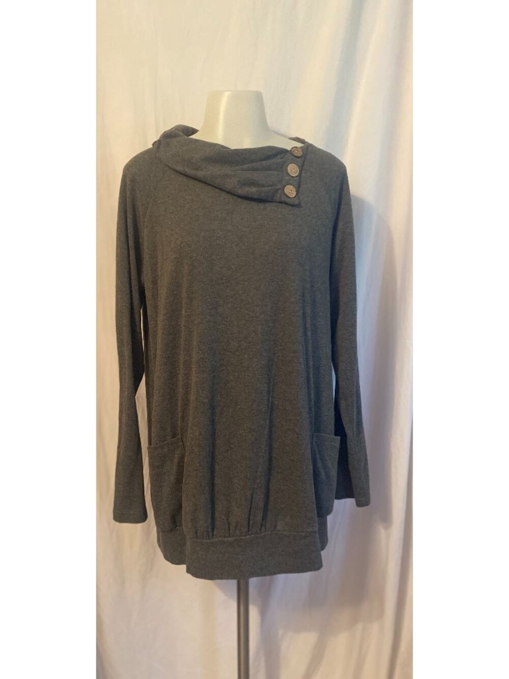 Miusey Gray Cowl Neck Button Detail Long Sleeve Pullover Tunic Top